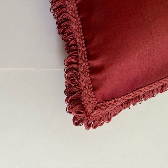 Feather & Down Oblong Silk Covered Decorative Throw Pillow in Deep Rust. EC - Picture 3 of 8